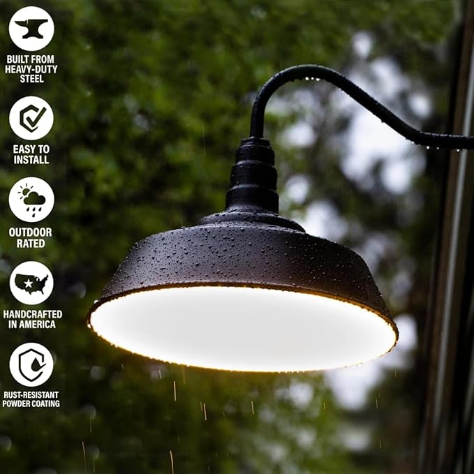 Steel Lighting Co. Large Outdoor Barn Light |Garage Light Fixture | Made in America from 18-Gauge Steel | 20" Dome | 20" Straight Arm Hunter Green Exterior/Brass Interior