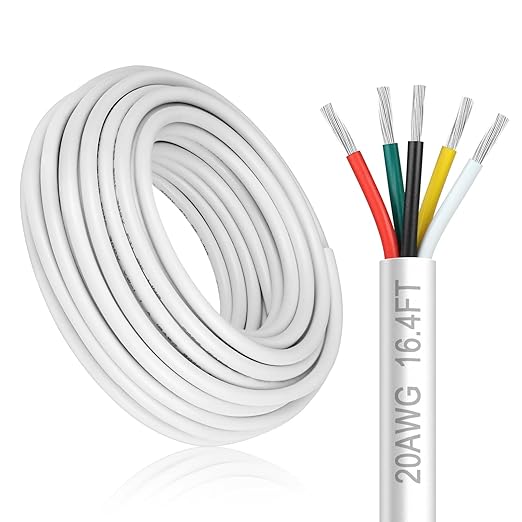 20 Gauge 5 Conductor Electrical Wire, 16.4FT White Stranded Low Voltage 20/5 Cable PVC Case, 20 AWG Tinned Copper 5 Wire Cable Extension Power Cable for Strips LED Lamp Lighting Automotive