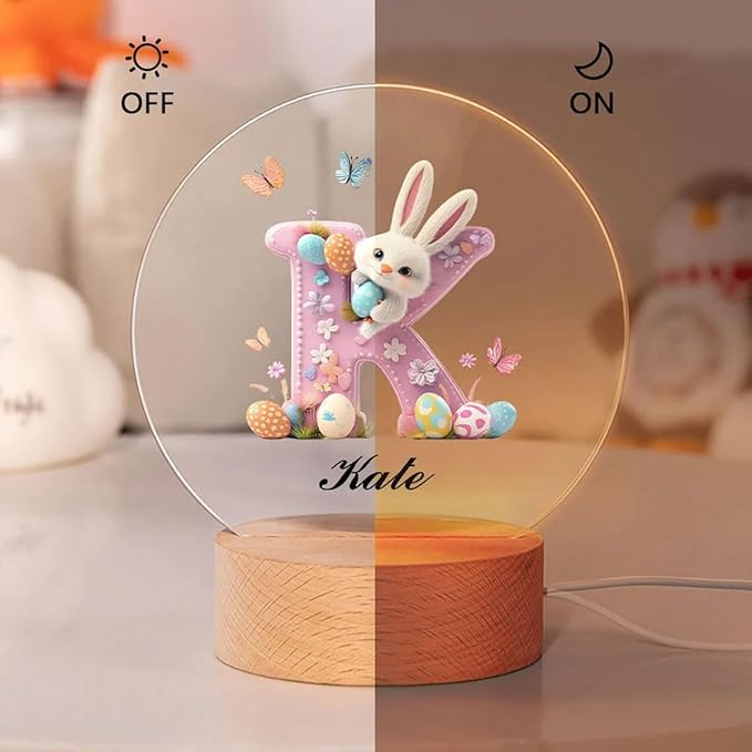idooodle Personalized Pink Bunny Easter Egg 3D Initial LED Night Light with Name & Wooden, Base Room Decor, Birthday Party Easter Gift for Kids