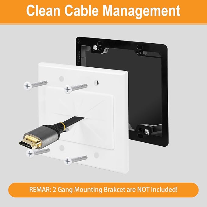 Kebulldola 2 Gang Wall Plate with Low Voltage Mounting Bracket, 2 Pair, Silicone Pass Through in Wall Hider, Cable Management Kit for HDMI Cables, Ethernet Cables, HDTV Home Theater System