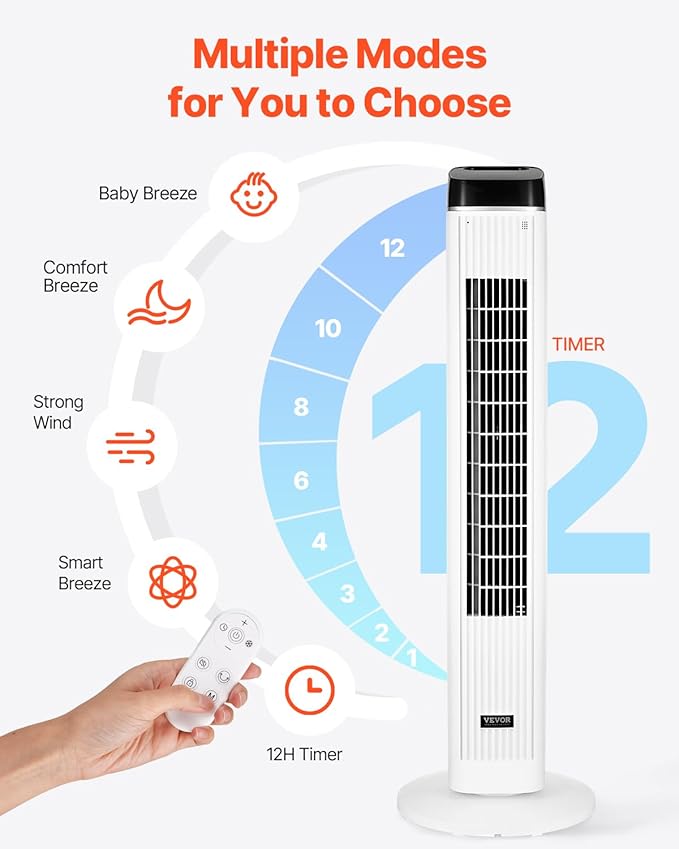 VEVOR Tower Fan, 22 ft/s Velocity Quiet Floor Fan, 70° Oscillating Fans for Indoors with 3 Speeds, 4 Modes, 12H Timer, Portable Standing Bladeless Fan with Remote Control for Bedroom, Office, Home