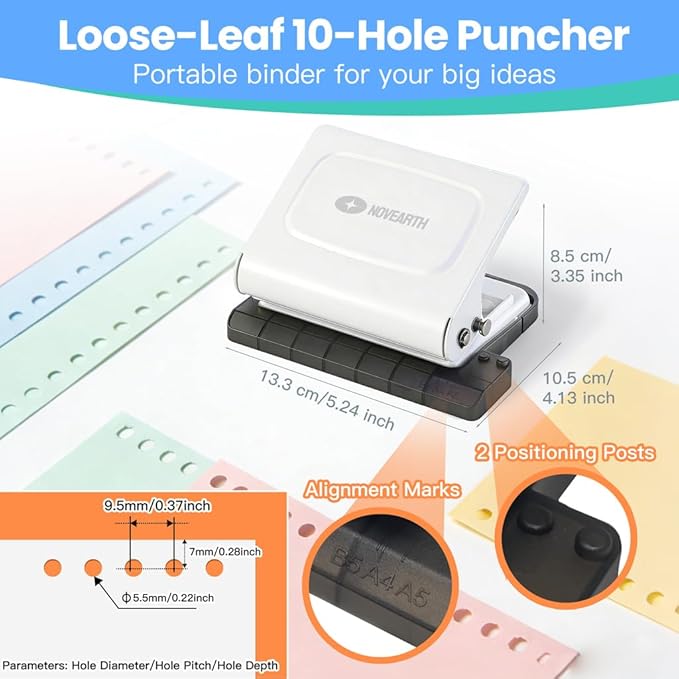 10-Hole Binding Machine for Planners,Metal Punch Loose Leaf Tool 26 Holes for B5, 30 for A4, 20 for A5 Paper,Handheld Manual Book Binder,Notebook Puncher for Home, Office, School, DIY Projects