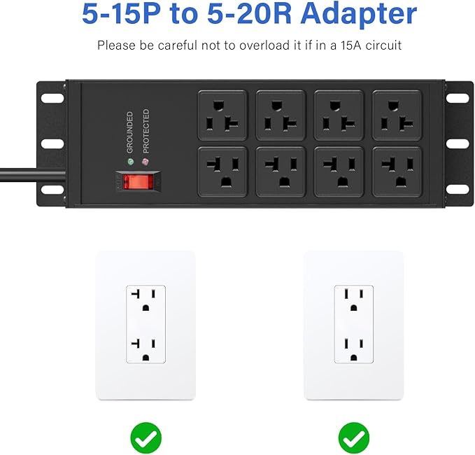 CCCEI Black Heavy Duty Power Strip Surge Protector 20 AMP, 8 Outlets 12 Gauge Industrial Shop Garage Metal Multiple Outlets, 15 FT Extension Cord 5-15P Adapter High Amp 6-20R T-Slot 20a for Appliance