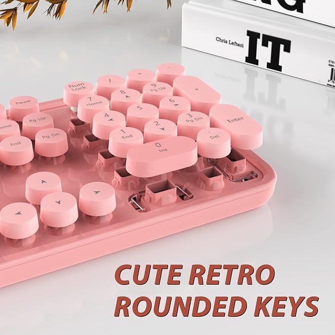 Kootop Wireless Keyboard, Cute Colorful 104 Keys Typewriter Retro Round Keycaps Keyboard for PC Laptop,Desktop,Windows, Home and Office Keyboards (Pink)