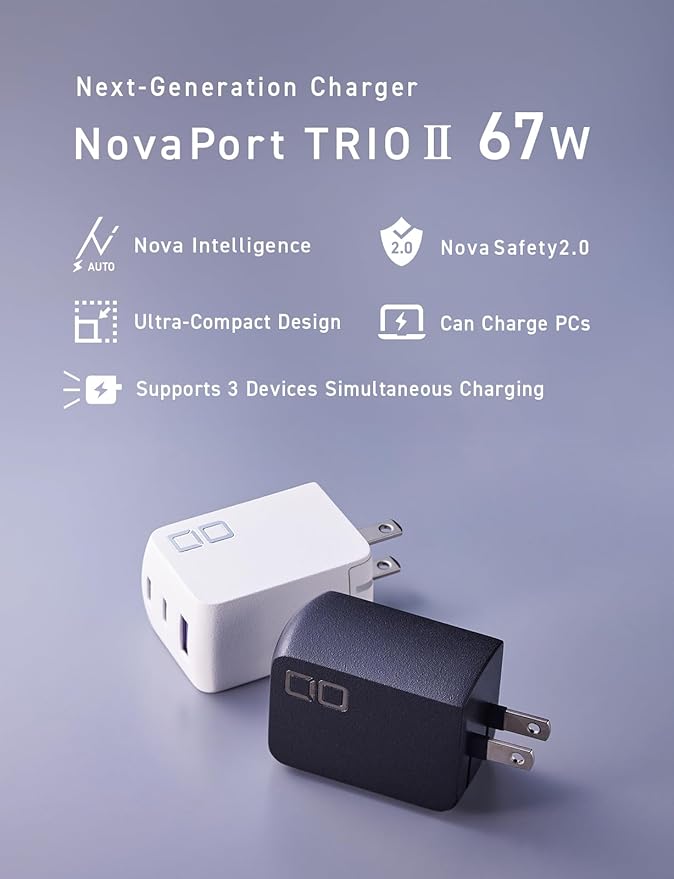 CIO 65W USB C Charger Block, Max 67W GaN Fast Charging Brick w/Dual Type-C Ports & Type-A, USBC Adapter, Multi Travel Charger Block, NovaPort Trio II 2C1A (Black)