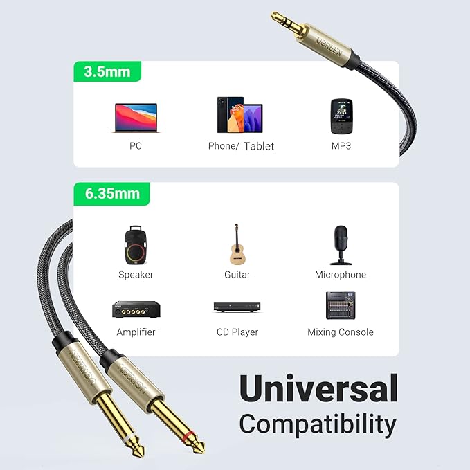 UGREEN 1/8 to 1/4 Stereo Cable 3.5mm TRS to Dual 6.35mm 1/4 TS Mono Y Splitter Audio Cord Adapter Compatible with iPhone, PC, Computer Sound Card, Mixer, Multimedia Speaker, Home Stereo System 3.3FT