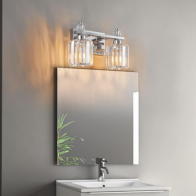 FDPBY Bathroom Vanity Lights 2-Light Chrome Modern Crystal Vanity Light Fixtures Over Mirror Crystal Bathroom Vanity Lighting Fixtures