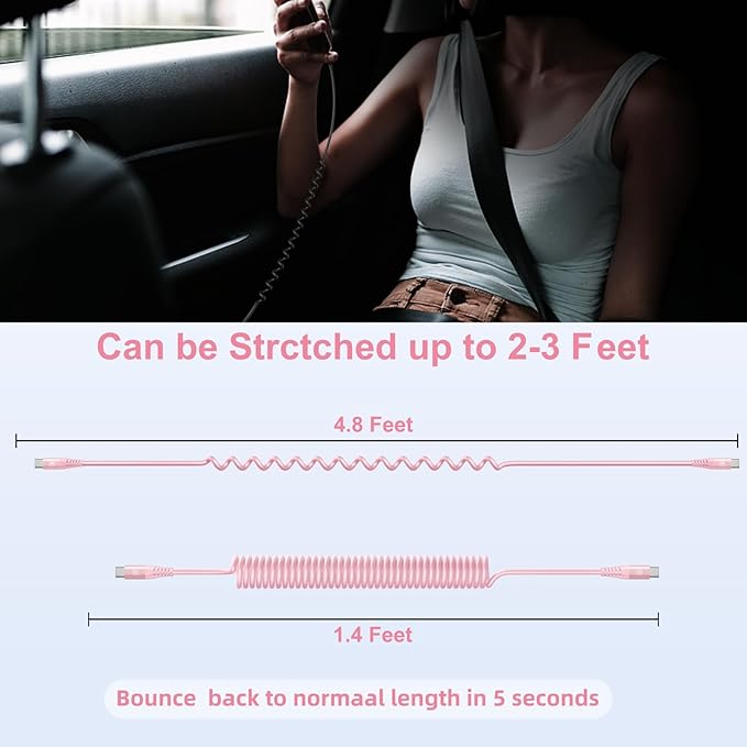 USB C to USB C Cable [3FT+6FT], 2Pack Coiled USBC Cable for Car USB Type C Fast Charging Cable, CarPlay iPhone USB-C Cable/Android Auto USB C Cord for iPhone 17/16/ 15/Pro Max/Samsung Galaxy S23-Pink