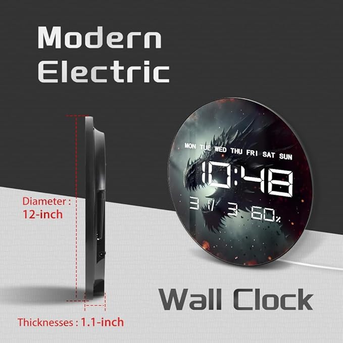 Timethink 12 Inch Evil Dragon LED Digital Wall Clock Large Display, Dark Dungeon Dragon Lamp Electric Wall Clock Automatic Dimming, 12/24hr, Temperature, Date, Plug in LED for Man Cave Gothic Decor
