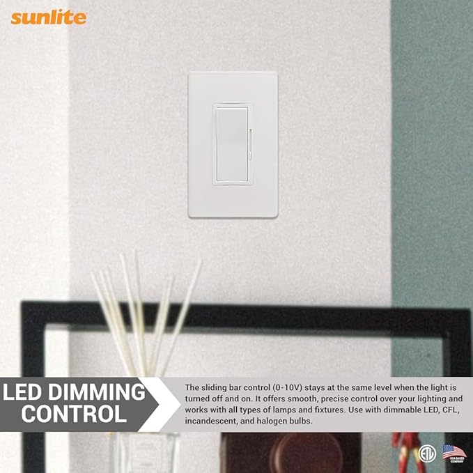Sunlite LED Wall Rocker Style, Slide Bar Triac Dimmer Switch, Screwless Wall Plates Included, Single Pole or 3-Way Switching, 120 Volts, 200W Max for LED, 600W Max for Incandescent, White, 1 Pack