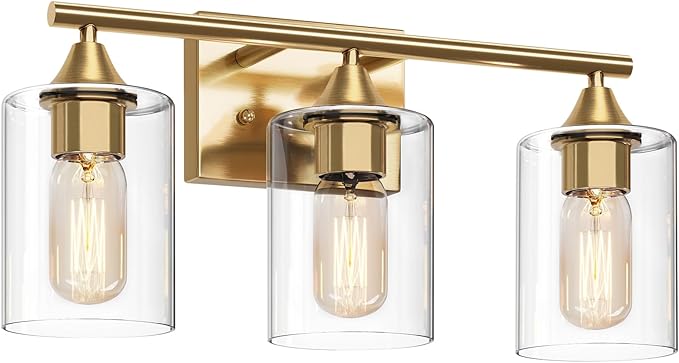XPEHK Gold Bathroom Light Fixtures,3-Light Vanity Lights,Modern Brushed Brass Gold Wall Sconce Lighting,Bathroom Wall Lamp for Mirror Bedroom Living Room Vanity Table Hallway