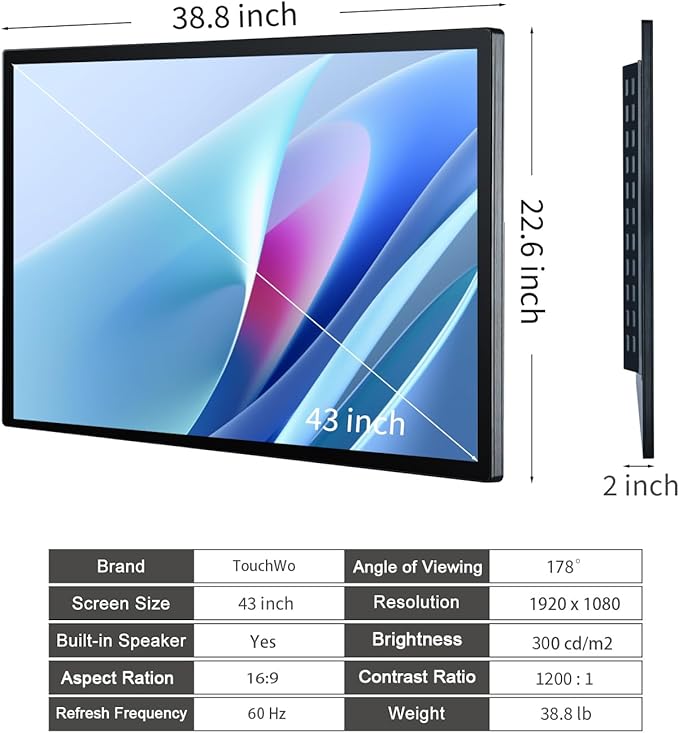TouchWo 43 inch Interactive Touchscreen Monitor, Smart Board with 16:9 Display 1080P, Win-10 Electronic Whiteboard Touchscreen PC for Office and Classroom, Core i7 RAM 8G & ROM 256G