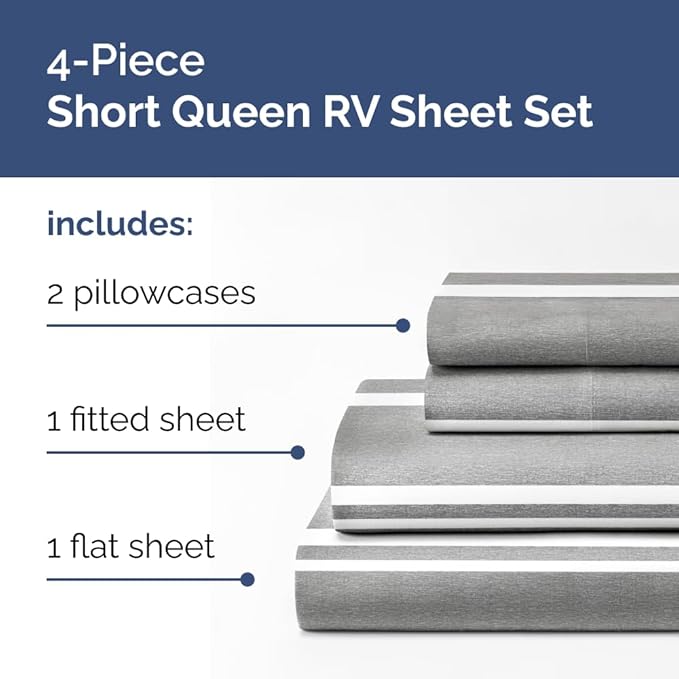 RV Short Queen Sheet Set 60 X 75 - 4 Piece RV Short Queen Bed Sheets - Soft, Breathable & Cooling - Designed for Bunks, Trailers & Campers - Fits 8” to 12" Mattress - Luxury Bedding - Grey Stripes 3