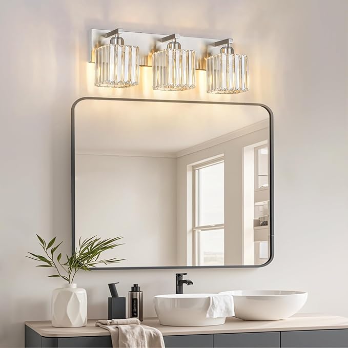 FDPBY Modern Vanity Light 3-Lights Brushed Nickel Vanity Light Crystal Bathroom Wall Light Bathroom Light Fixtures
