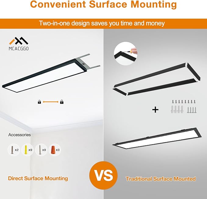 Mcacggo Black 1x4 LED Flat Panel Light Surface Mount, 5000K-4000K-3000K Selectable & Triac Dimmable, Rectangular Flush Mount Ceiling Light for Kitchen Garage, 40W, 100-277V, ETL, 2 Pack