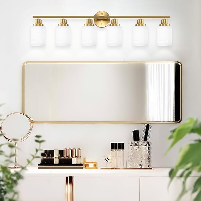 Guliaofo 6-Light Vanity Lights, Brushed Gold Bathroom Light Fixture with Striped Textured Milky White Glass Shade, E26 Wall Sconce, Modern Vanity Lighting Fixture for Bathroom Wall Light Over Mirror