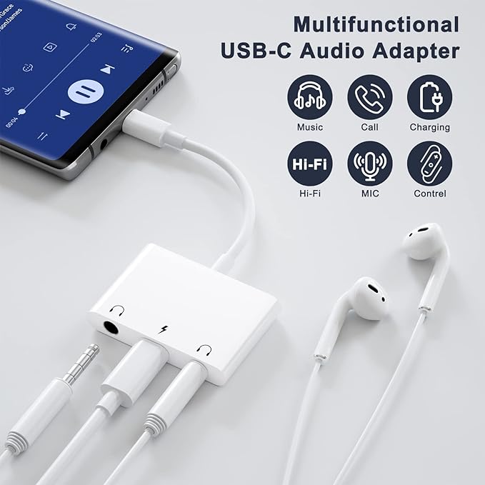 INVERSE NET Headphone Adapter for iPad, Headphone Splitter for 2 Headphones,3 in 1 USB C to 3.5mm Jack Audio Adapter with 60W Fast Charging Compatible with S24/23 Ultra.