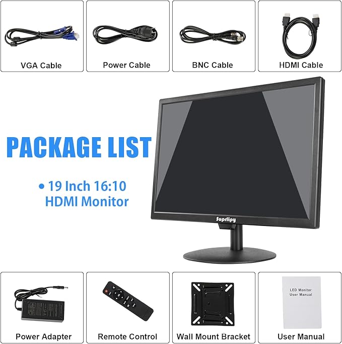 Suprlipy 19 inch FHD Small IPS Monitor LCD Display Screen 1440x900 60Hz 16:10 with HDMI BNC VGA AV USB Input Built-in Lounspeakers for CCTV Security Camera DVR PC RasPi