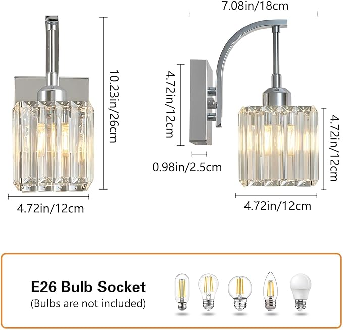 FDPBY Wall Sconces, Set of 2 Chrome Crystal Vanity Lights, Modern Wall Lamp for Bathroom, Hallway, and Makeup, Easy Installation