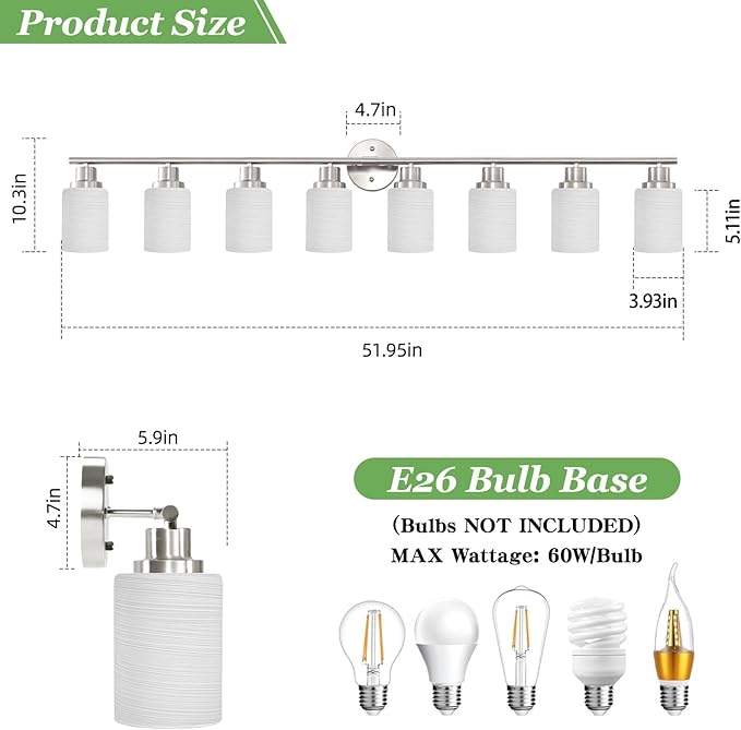 Guliaofo 8-Light Vanity Lights, Brushed Nickel Bathroom Light Fixture with Striped Textured Milky White Glass Shade, E26 Modern Vanity Lighting Fixture for Bathroom Wall Sconce Light Over Mirror
