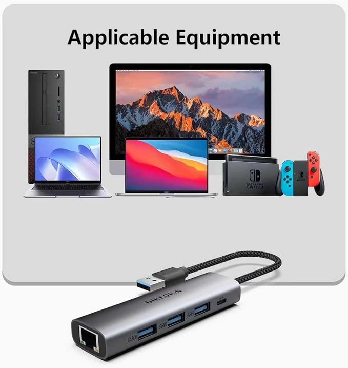 DIKEQINN 5-in-1 USB Hub with Gigabit Ethernet Ports and 3 USB 3.0 Ports, Suitable for USB-C/Type-C Interface laptops Such as MacBook Pro/Air, Dell XPS, Lenovo, Huawei, etc., Plug and Play(USB-A)