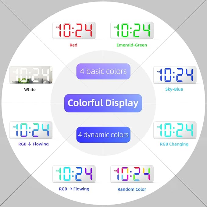 XUANZIT LED Digital Wall Clock with RGB Display, Mirror/White Surface, Big Digits, Auto-Brightness, Electric Wall Clock for Living Room, Bedroom, Kitchen, Office