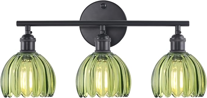 Shenmoyl Bathroom Light Fixtures, 3-Light Black Vanity Wall Light Over Mirror with Green Tulip Glass Shade for Bedroom Living Room (Bulb Not Included)