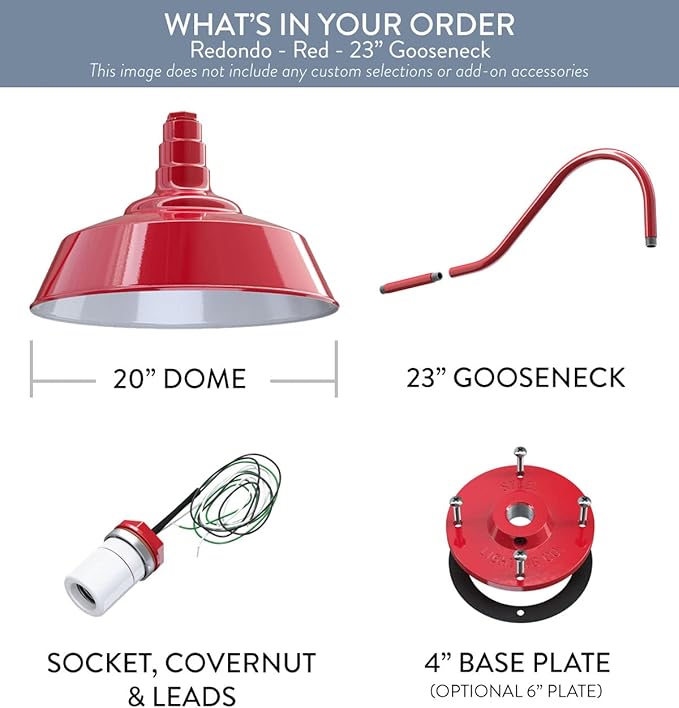 Steel Lighting Co. Large Outdoor Barn Light | Gooseneck Light Fixture | Made in America from 18-Gauge Steel | 20" Dome | 23" Gooseneck Red Exterior/White Interior