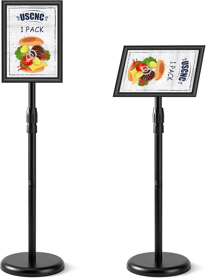 USCNC Sign Holder Stand 8.5x11 inch - Adjustable Floor Standing Sign Holder -Snap open frame,360° Rotation for Malls,Schools,Restaurants (Black 1 Pack)