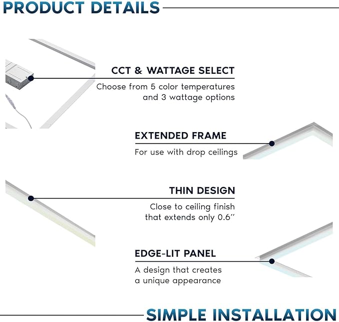 2x2 FT Edge-Lit Frame LED Panel Lights,5CCT Selectable 3000K-6500K, 2600/3900/5200LM,20W/30W/40W Switch Grid Drop Ceiling Lights,0-10V Dimmable,Damp Rated,100-277V,ETL Listed (2 x 4-4 Pack)