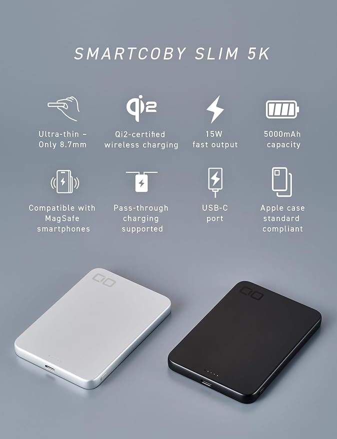 CIO Qi2 Magsafe Charger, 5000mAh Ultra-Slim Magnetic Wireless Charger iPhone, Magsafe Battery Pack, 15W Wireless + 20W USB-C PD iPhone Magnetic Fast SMARTCOBY Slim 5K (Silver, Safety Model)