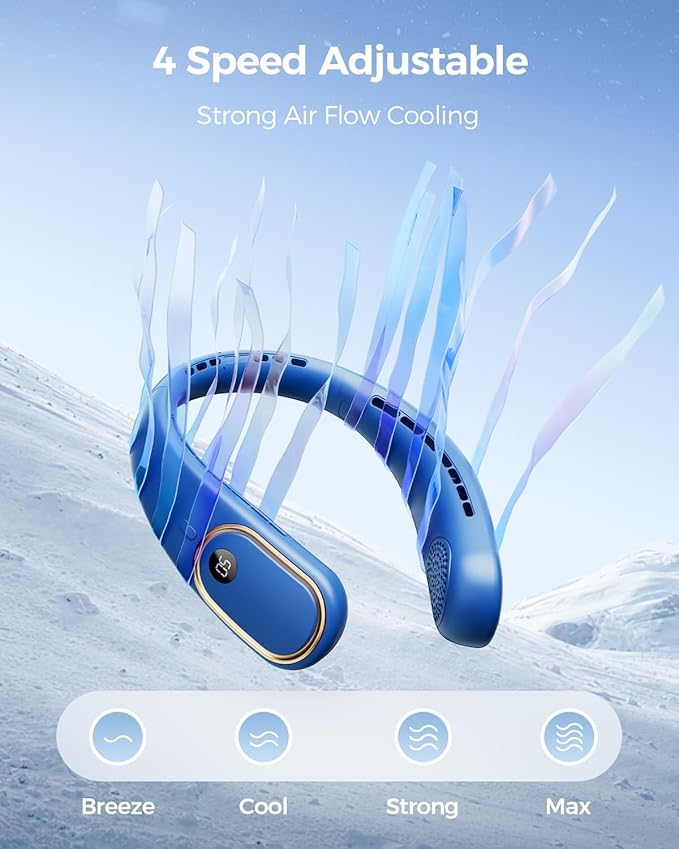 SHEWIND Portable Neck Fan - Hands Free Personal Fan, Rechargeable Bladeless Fan with 5000mAh-Battery, Digital Display, 4 Speeds, Birthday Gifts for Men, Women, Mom, and Dad - Blue