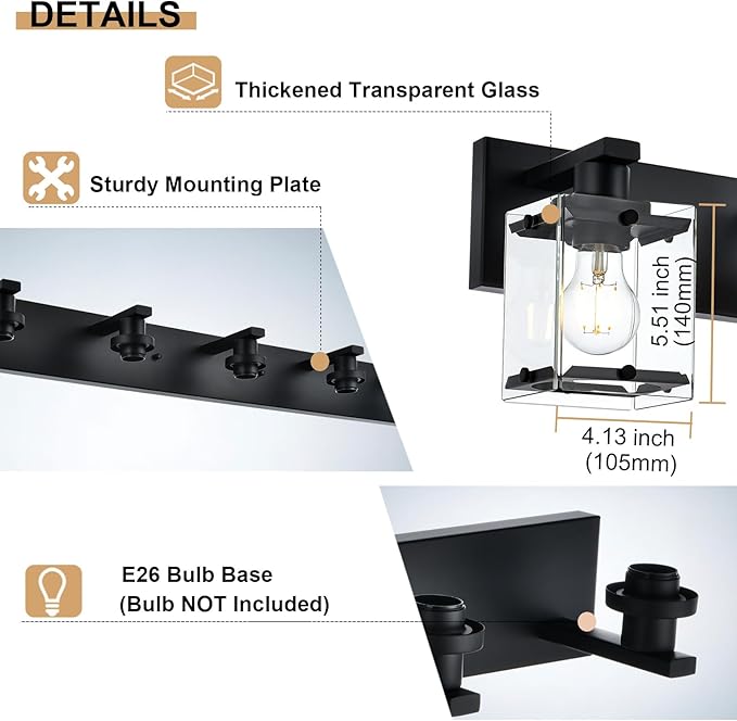 WINSHEN 5-Light Modern Vanity Lighting, Black Bathroom Light Fixture Over Mirror with Rectangular Clear Glass,E26 Bulb Base