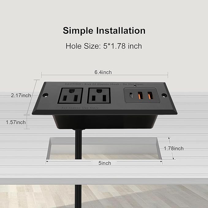 20W Recessed Power Strip USB C Fast Charge Desk Power Outlet Type C Flush Mounted Extension Power Plug for Conference Countertop Desktop Drawer Sofa ETL Listed (Black)