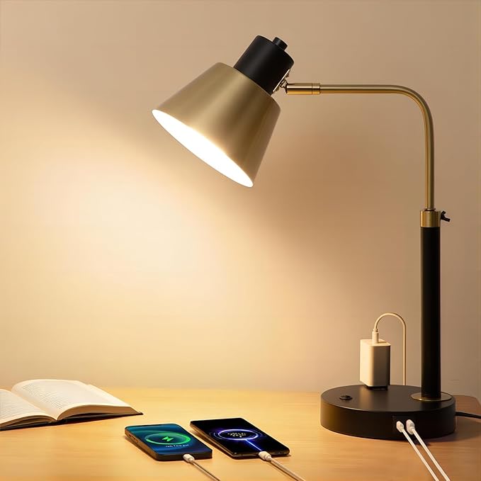 Starstrips Desk Lamp with Dual USB Charging Port, Heavy Duty Metal Task Light, 340 Degree Swivel Arms, Easy Assembly with Cord Guide, Reading Lamp for Home Office, Black & Gold (Bulb Not Included)