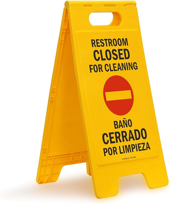 SmartSign 25 x 12 inch “Restroom Closed for Cleaning" Bilingual Two-Sided Folding Floor Sign, Plastic, Red, Black and Yellow