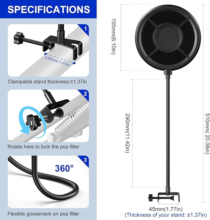Microphone Pop Filter,Aokeo Mic Mask Shield,Three-layer Wind Pop Screen With Flexible 360° Gooseneck Clip Stabilizing Arm For All Microphone