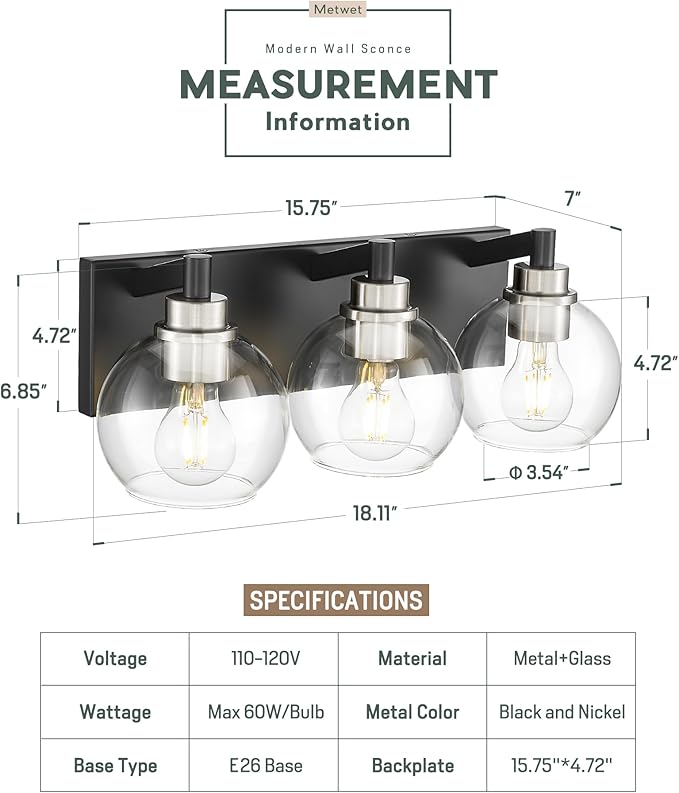 METWET Bathroom Light Fixtures, 3-Light Black and Brushed Nickel Bathroom Vanity Light, Modern Wall Sconces with Globe Clear Glass Shade, Vanity Lighting Fixtures Over Mirror, VL195-KN-3