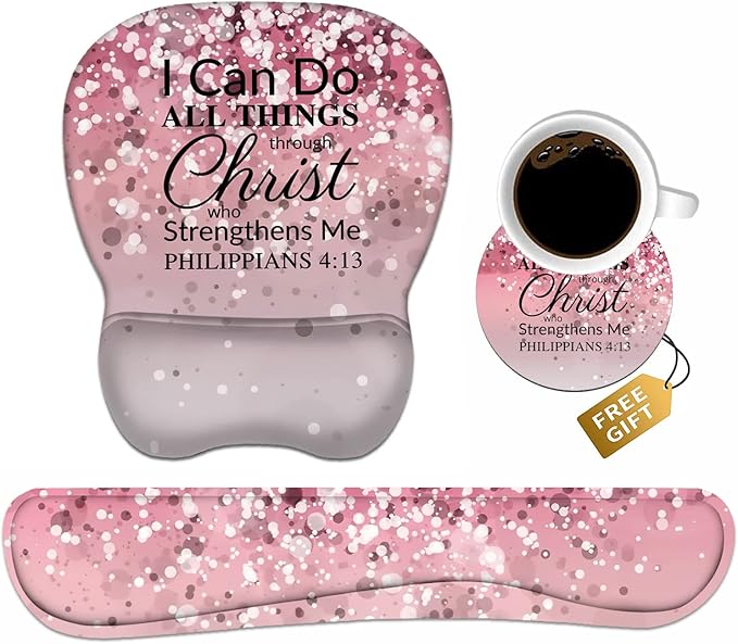 Ergonomic Mouse Pad Wrist Support and Keyboard Wrist Rest Set with Coasters, Non-Slip PU Base, Easy Typing & Pain Relief for Computer Laptop Home Office, Bible Verse Phil 4-13
