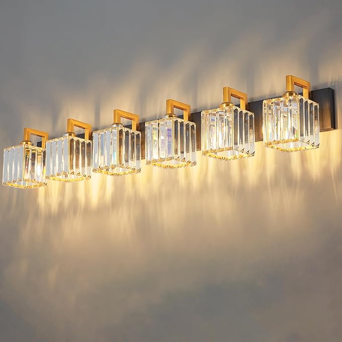 FDPBY Modern Bathroom Vanity Light 6-Lights Black Gold Crystal Wall Lamp Bathroom Modern Crystal Vanity Lighting