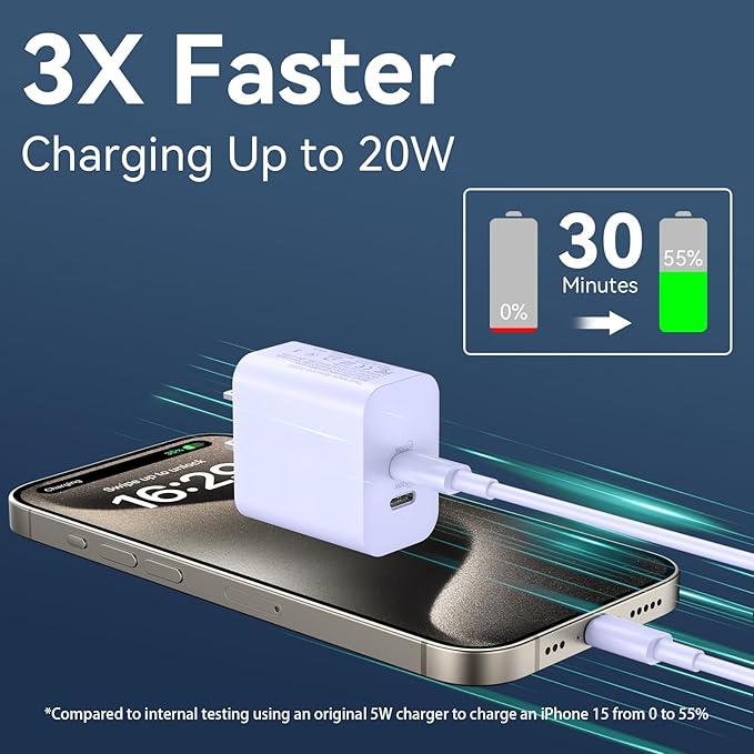 Phone 17 16 15 Pro Max Charger Fast Charging, 20W USB C Charger Block with 6FT Long USB C to C Charging Cable Cord for Phone 17 16 15 Pro Max/17 16 15 Pro/17 16 15/16 15 Plus-Purple