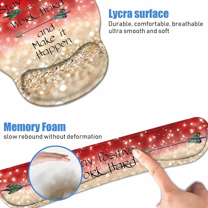 Keyboard Wrist Rest + Mouse Pad Wrist Support Set with Coasters, Stay Positive Work Hard and Make It Happen Inspirational Quote Wrist Mouse Pad with Non-Slip PU Base for Home Office Working Studying