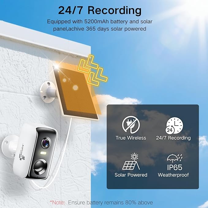 Solar Security Cameras Wireless Outdoor, 2K Outside Security Wireless WiFi Cameras, Battery Powered Outdoor Cameras with Solar Panel, Color Night Vision, 2.4G/5.8G WiFi, 2-Way Audio, PIR Motion Sensor