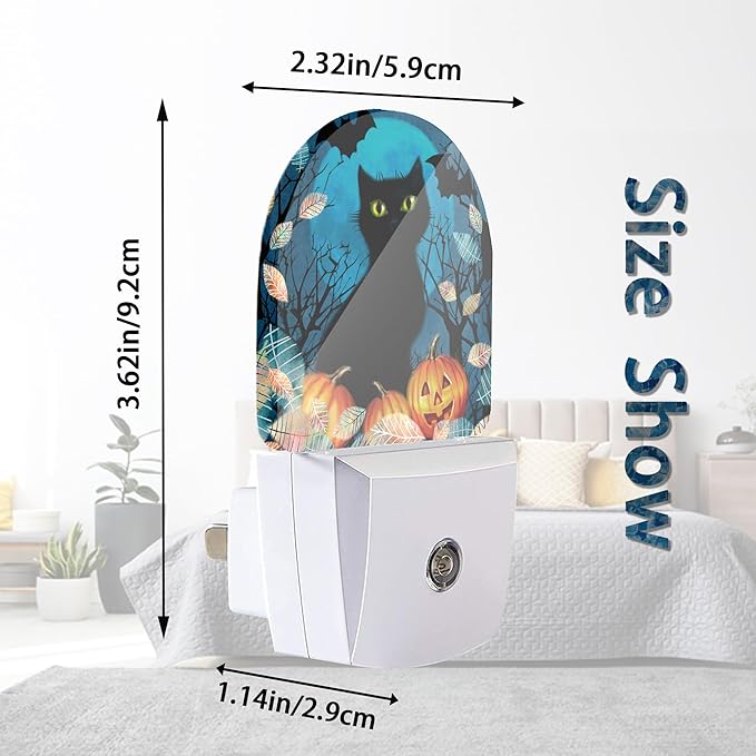 Axxitude Halloween Black Cat Bat Pumpkins Night Lights Plug into Wall for Girls Boys Room,Night Light LED Lamp Dusk to Dawn Sensor Round Lamp for Bedroom Bathroom Hallway Home Wall Decor Nightlight