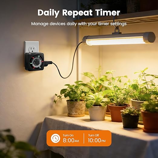 SURAIELEC Mechanical Timer with 2 Grounded Outlets, Indoor Electrical Plug in Timer with Trippers, 24-Hour Programmable and 3 Prong Outlets for Christmas Decorations, Plant Lights, Fan, 15A, Black