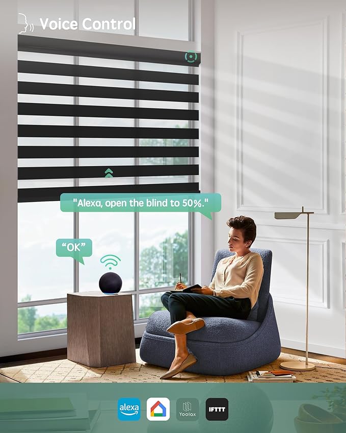 Yoolax Motorized Zebra Blinds Compatible with Alexa, Smart Dual Layer Shades with Privacy Light Control, Electric Horizontal Window Blind Customized Size for Home Office (70% Shading - Wool Black)