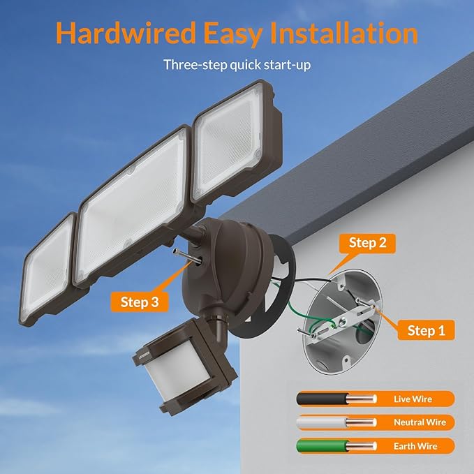 LEPOWER LED Security Light Motion Sensor Light Outdoor, 38W 4200LM Motion Security Light, 5500K, IP65 Waterproof, 3 Head Motion Detected Flood Light for Garage, Yard, Porch (Brown)