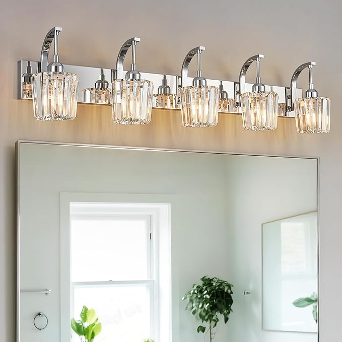 FDPBY Modern Bathroom Vanity Light, 5-Light Chrome Wall Sconce with Crystal Accents, Over Mirror Bathroom Lighting Fixture, 42.52" Long Dimmable Vanity Lamp for Makeup, Easy Installation