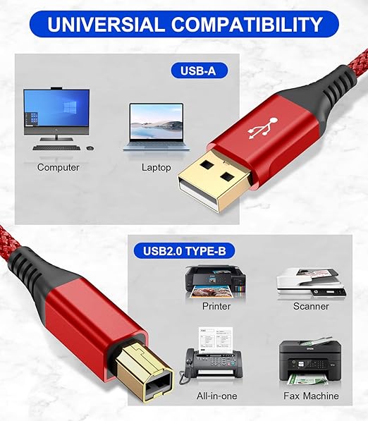 sweguard Printer Cable 10ft, USB 2.0 USB-A to USB-B Cord, High Speed Nylon Braided Scanner Printer Cord for HP Canon Dell Epson Brother Lexmark Xerox Samsung Piano DAC & More - Red