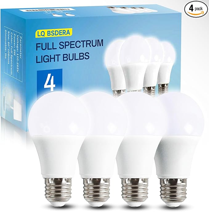 LQ BSDERA 4PK Full Spectrum Light Bulbs, 9W, 6000K Natural Light That Mimic Sunlight, Boosts Mood, Energy, Focus, A19, Sunlike Happy Light Bulbs with E26/27 Base for Most Lamps